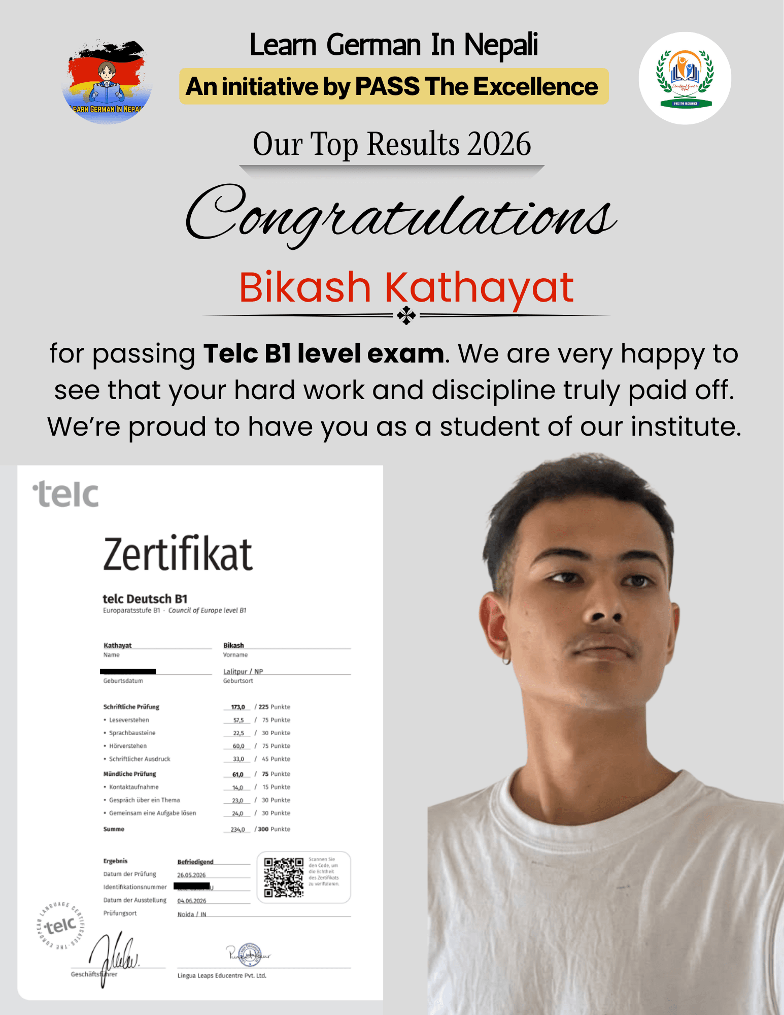 Student result: B1 passed