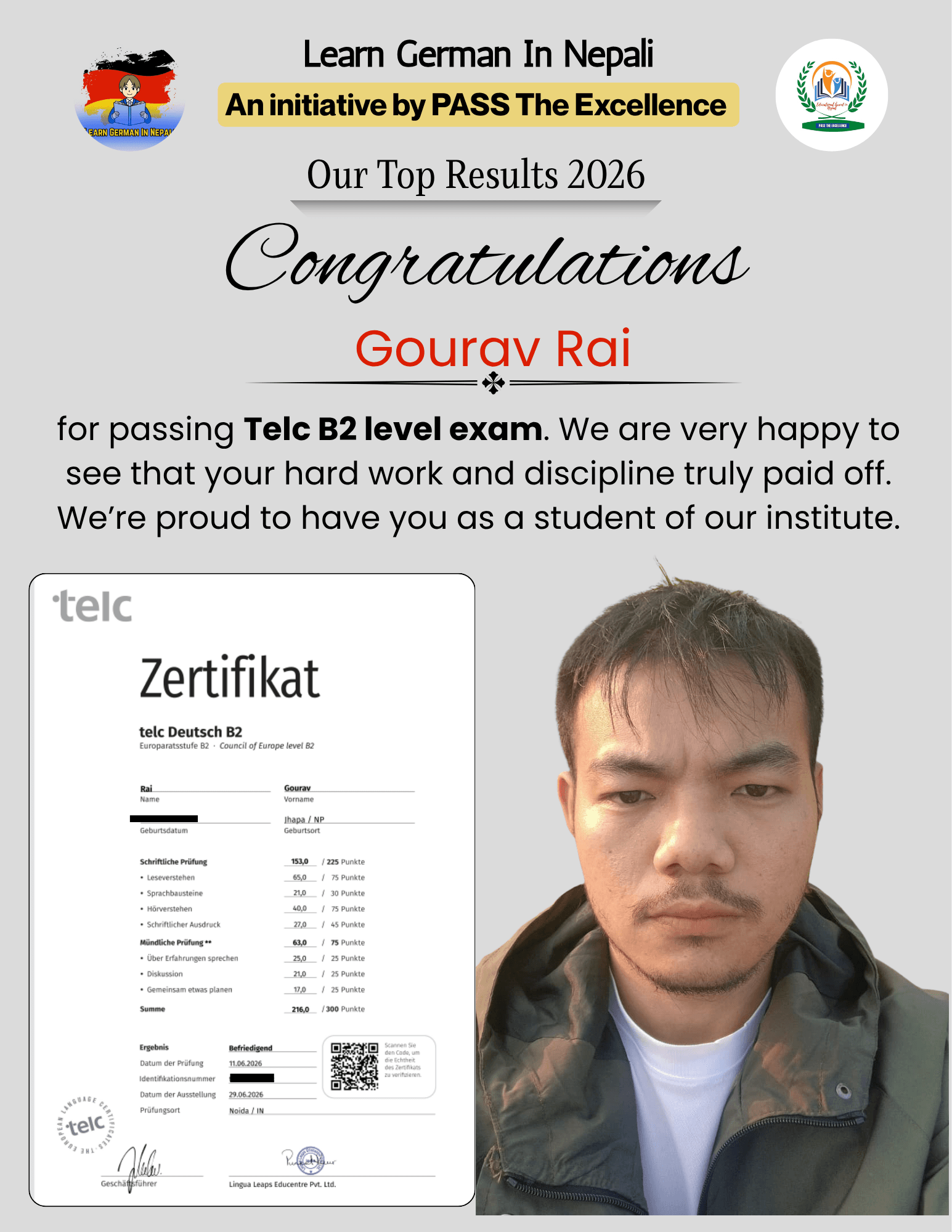 Student result: B2 passed