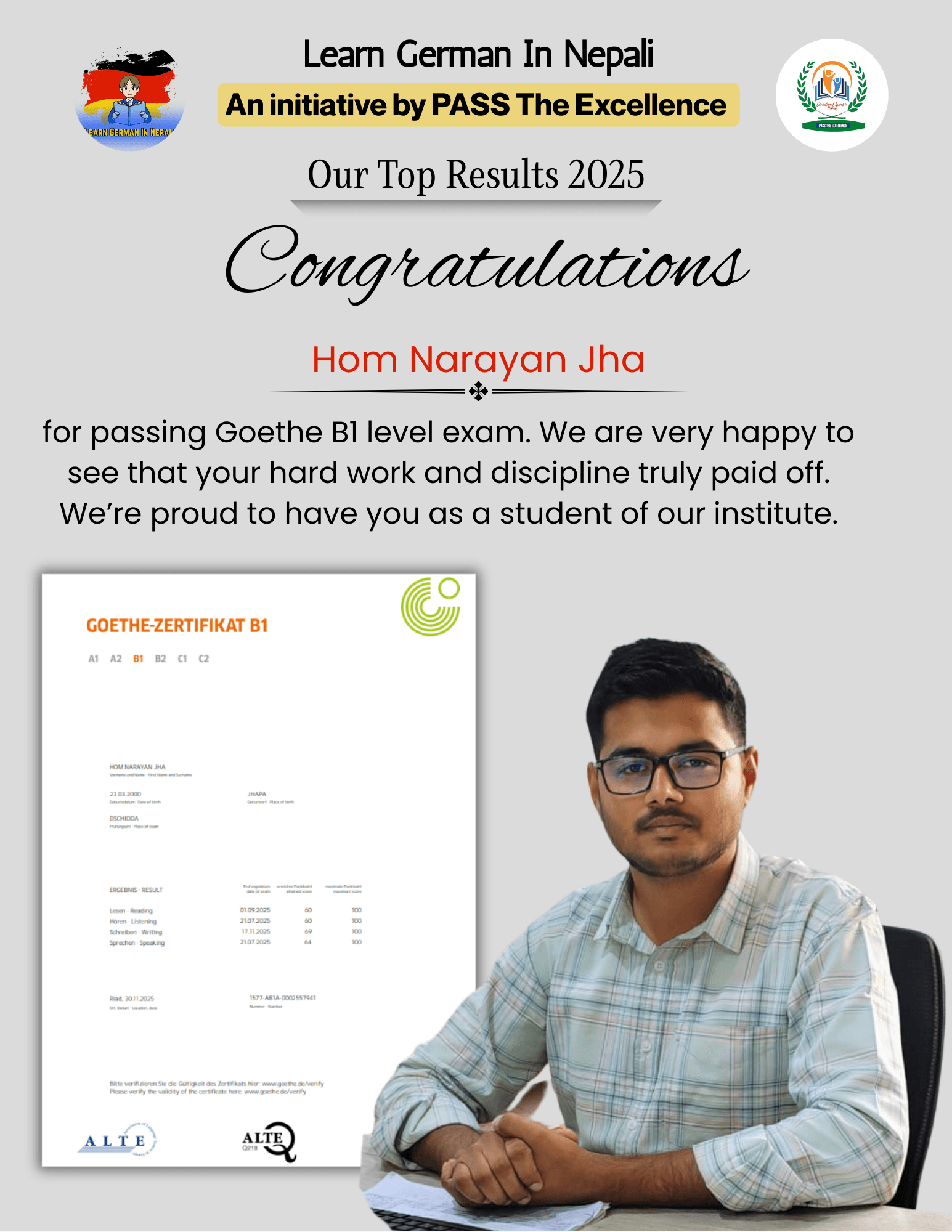 Student result: B1 passed
