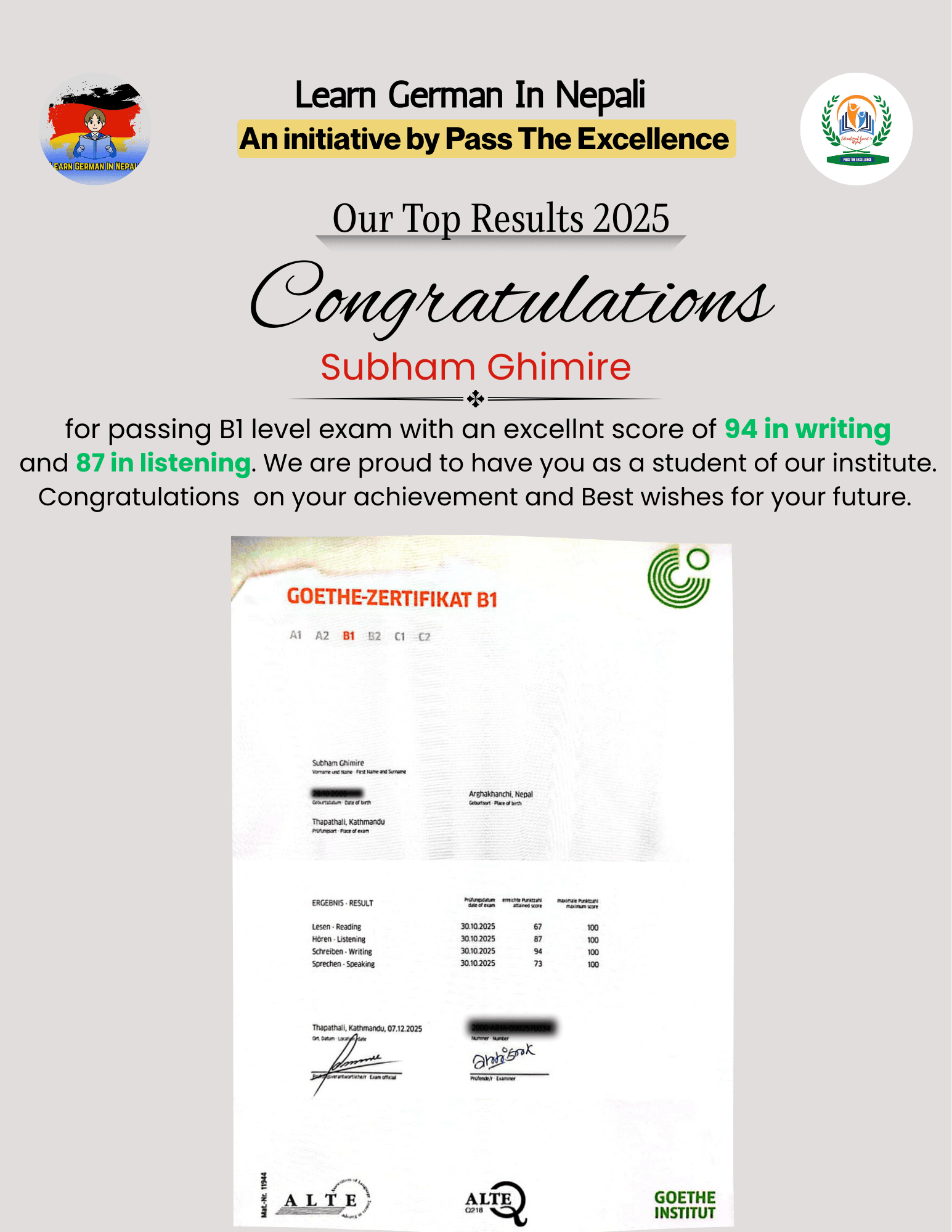 Student result: B1 passed